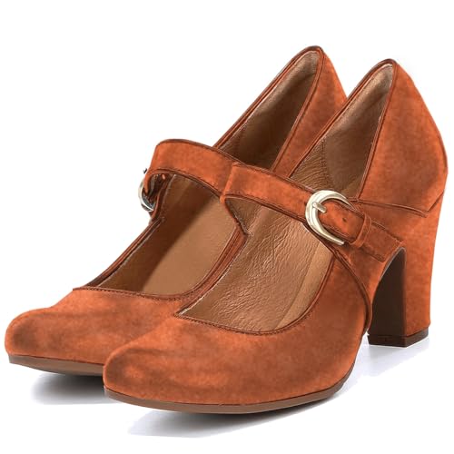 Image of SHODENSE Women Vintage Chunky High Heel Mary Jane Shoes Round Closed Toe Ankle Strap Dress Sandals 3 inch Block Heels Mary Jane Lolita Pumps Two-Toned Patchwork Buckle Office Lady Wedding Retro 4-11 M US