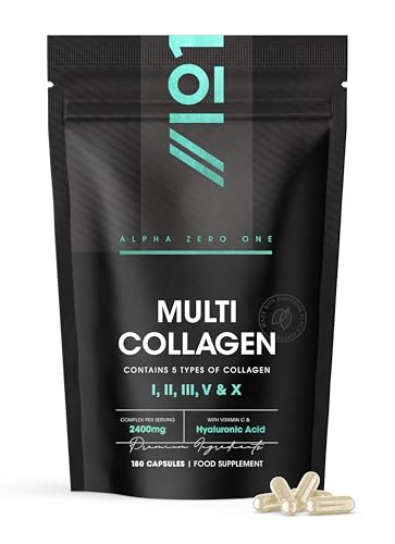Multi Collagen 2400mg Types I II III V & X 180 Capsules Wild Caught Marine Grass Fed Bovine Eggshell & Free-Range Chicken Collagen Powder with Hyaluronic Acid & Vitamin C by Alpha01