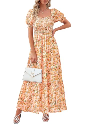 PRETTYGARDEN Women's Floral Boho Maxi Dresses Flowy Short Sleeve A Line Smocked Eyelet 2026 Summer Beach Vacation Clothes (Floral White Orange Yellow,Medium)
