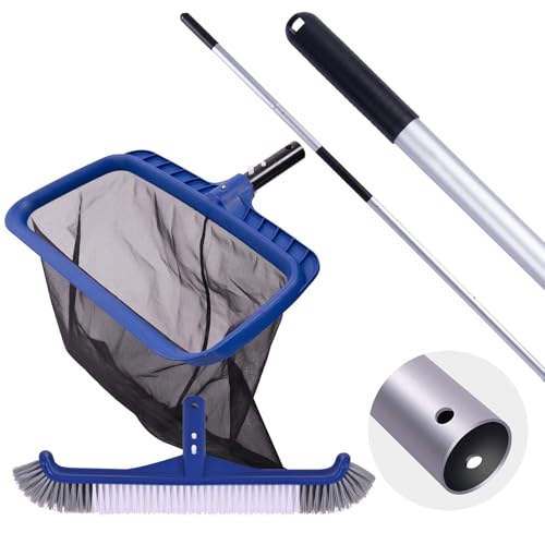 POOLAZA Pool Cleaning Kit, Including Pool Brush & Ultra Fine Mesh Pool Skimmer Net with Pole, Pool Net Skimmer & 17.5'' Pool Brush Head with 10.5ft Aluminum Pool Pole, Pool Net and Brush wit