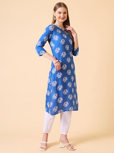Image of Women's Viscose Rayon Printed A-Line Kurta - 3 /4 Sleeve Ethnic Tunic for Casual Long Kurta 1061