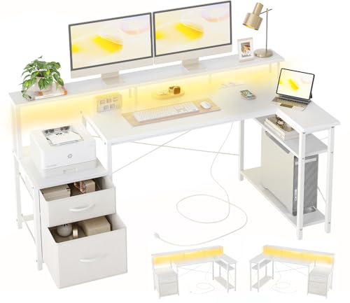 BEXEVUE Escritorio Esquinero LED Tomas Corriente - 165x80cm Ergonómico Escritorio Forma L, 2 Cajones Estantes Reversibles, Grande Soporte Monitor, Mesa Escritura Estudio Juego Trabajo Oficina Hogar