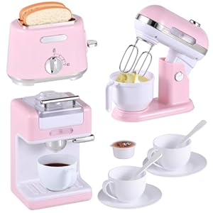Kitchen Appliances Toys, Play Kitchen Accessories, Toy Kitchen Appliances for Kids, Pretend Kitchen Toys with Coffee Maker, Mixer and Toaster, Toy Kitchen Set Birthday Gift for Kids Ages 3+ (Pink)