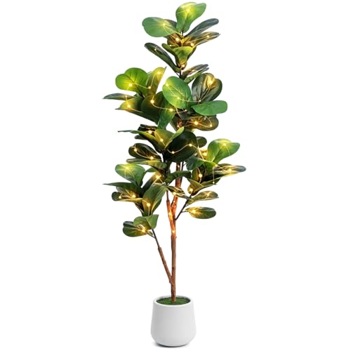5ft Artificial Fiddle Leaf Fig Tree with LED Fairy Lights & White Planter - Lifelike Faux Ficus...