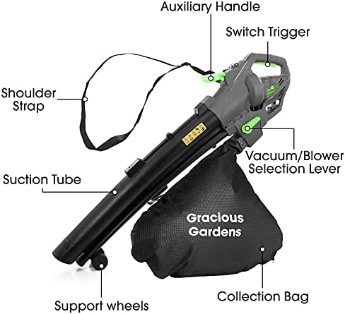 Gracious Gardens Leaf blower Garden Vacuum and Shredder, 35L Leaf Collection Bag, 3000W 10m Cable Lightweight Design, Leaf Vacuum, 10:1 Shredding Ratio