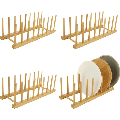 LOPYXBR 4 soportes para platos de madera, 8 compartimentos, escurridor de madera, escurridor de bambú para platos, tablas de cortar, ollas, tapa, tazón