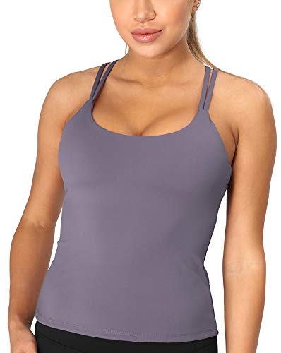 icyzone Débardeur de Sport pour Femme avec Soutien-Gorge intégré - Longline - Rembourré - sans Armatures - 2 en 1 Tank Top (Lilas, M) Cover