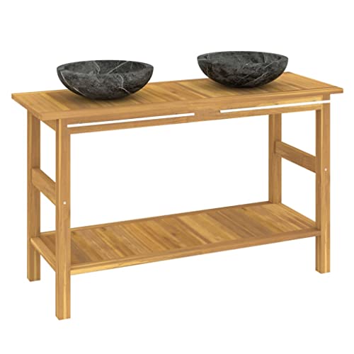 Image of vidaXL Solid Wood Teak Bathroom Vanity Cabinet with Black Marble Sinks Washroom Furniture Wash Basin Wooden Sink Cabinet with Basket