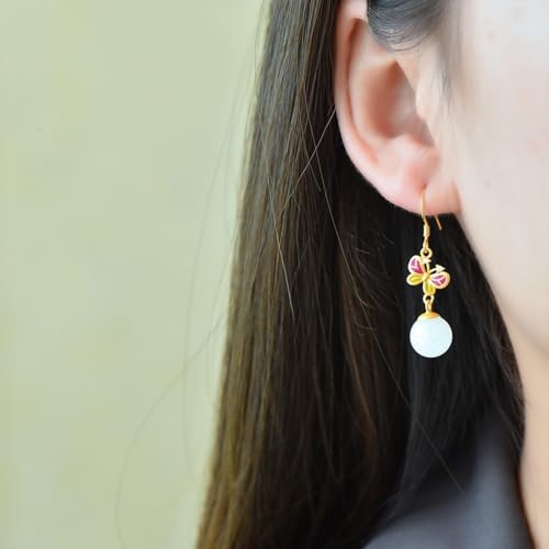 Boucles d'oreilles de Drop Hetian Jade : joaillerie émail papillon - 4