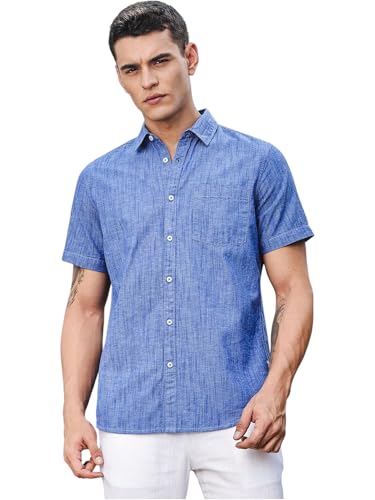 Image of Thomas Scott Men's | Solid | Linen Blend | Slim Fit | Short Sleeve | Spread Collar | Casual |Shirts for Men