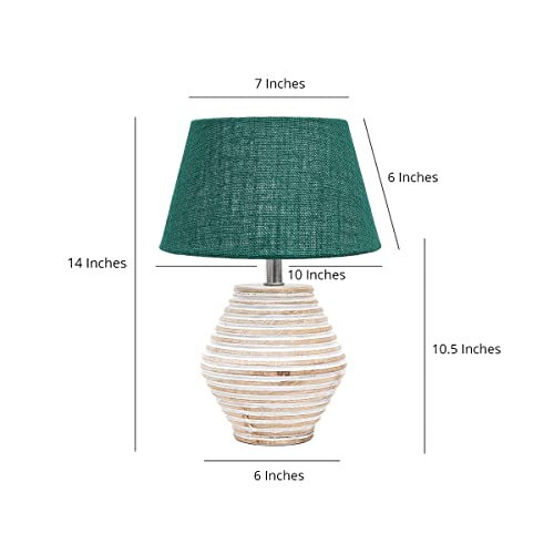 Image of PineCraft International Atury Table Lamp with Shade Night Lamp for Living Room, Study Room, Bedroom & Home Decor Gift Item 14 inch Height Wooden Study Lamp with Dark Green Shade