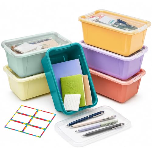 Image of GAMENOTE 6 Qt Storage Bins with Lids, Morandi 6 Pack, Stackable Boxes | home office supply organizer with removable label stickers sort desk supplies, cables, crafts and closet essentials