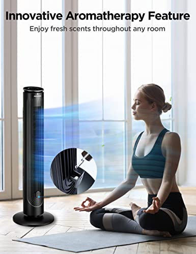 Image of PELONIS 42'' Oscillating Tower Fan with Aromatherapy Diffuser, Remote Control, 5 Speed Settings with 3 Modes LED Display for Bedroom Home Office Use, Black
