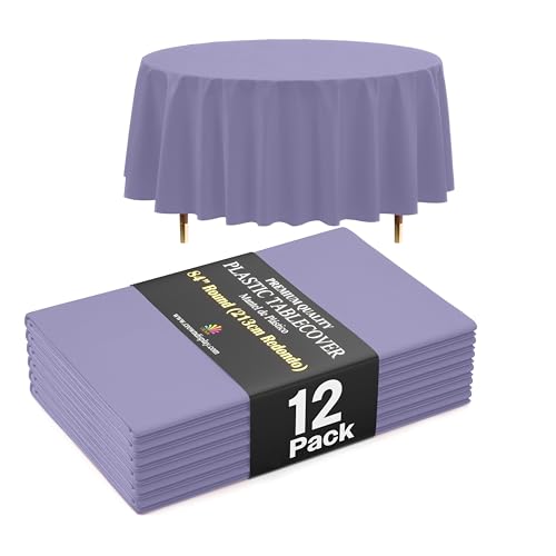 Image of Exquisite 66% Thicker Premium Lavender Round Tablecloth 0.5 Mil 12 Pack Plastic Table Cloth Disposable 84 Inch Round Plastic Tablecloth Won't Tear Easily Like Cheap Thin Brands