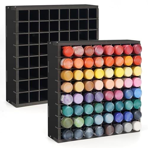 Image of Krafetto 2 Pack 64 Grids Paint Organizer Storage Rack, Wall-mountable Craft Paints Holder, Paint Bottle Organizer Rack Stand for 2 oz Acrylic Craft Paints, Black