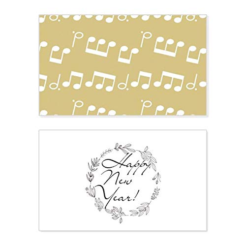 Tarjeta de año nuevo color amarillo y notas musicales blancas para dedicatorias