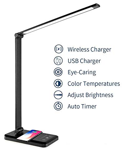 LED Desk Lamp with Wireless Charger, USB Charging Port, 5 Brightness Levels & 5 Lighting Modes, Sensitive Control, Auto Timer, Eye-Caring Office Lamp with Adapter for Study, Work, Home, Office