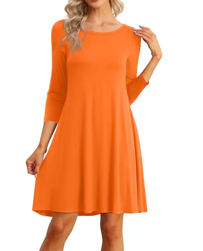 Image of VIISHOW Womens Round Neck 3 /4 Sleeves A-line Casual Tshirt Dress with Pocket