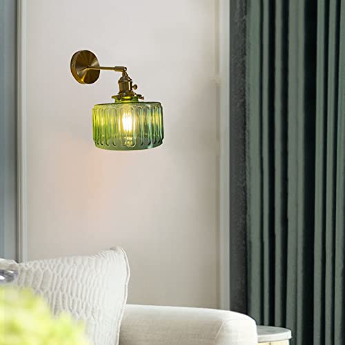 Image of Vintage Wall Sconces with Switch Ribbed Glass Shade Morden Brass Wall Light Fixtures Brass Finish Bedside Wall Mounted Lamp for Bedroom Bathroom Living Room Farmhouse Vanity (Green)