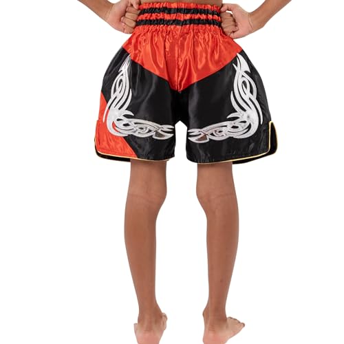 MUAY NATION Muay Thai Shorts für Kinder (2 Jahre - 12 Jahre) Mädchen Jungen Boxhosen für Kickboxen MMA Kampfsport (DE/NL/SE/PL, Alter, 9 Jahre, 12 Jahre, Regular, PRM Rot/Schwarz)