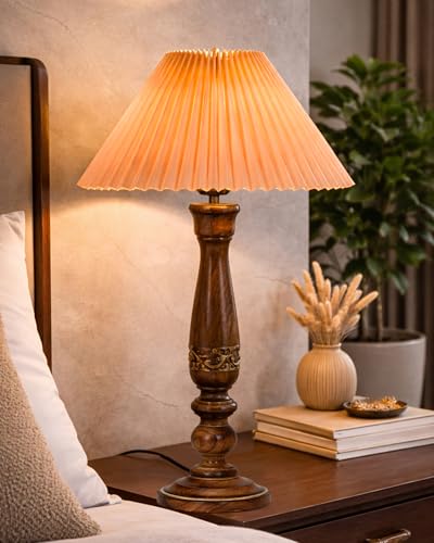 Image of Homesake Floral Carved Wood Table Lamp with Shade | Handcrafted Bedside Lamp, E27 Holder| Bulb Included |Warm Light Night Lamp, Bedroom, Living Room, Study & Home Decor, (Pleated Jute Shade)