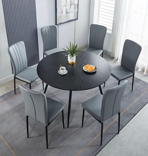 Image of Hallowood Furniture Cullompton Large Round Dining Table and Chairs Set 6, 120cm Black Wood Effect Dining Table and Chairs in Light Grey Faux Leather, Perfect for Home or Café