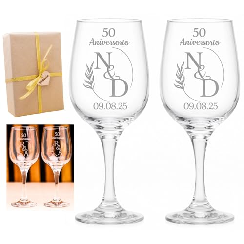 Olesea Copas de vino personalizadas|Regalo para novios y bodas|Aniversarios cumpleaños|Grabadas|Hombre Mujer Pareja|Bodas de Oro (Nombre e Iniciales, 2 Copas)