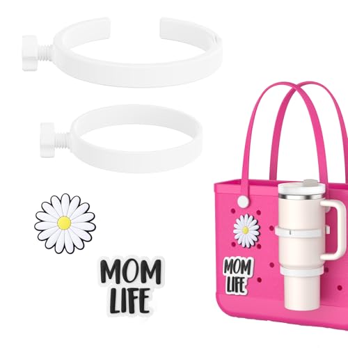 OUTXE 2 Pack Cup Holder & 2 Charms for Bogg Bag, Fits 16-40oz Stanley, Insert Drink Holder Attachment Compatible with All Bogg Bags & Simply Southern Bag & Simply Southern Totes (40Oz Daisy + Momlife)