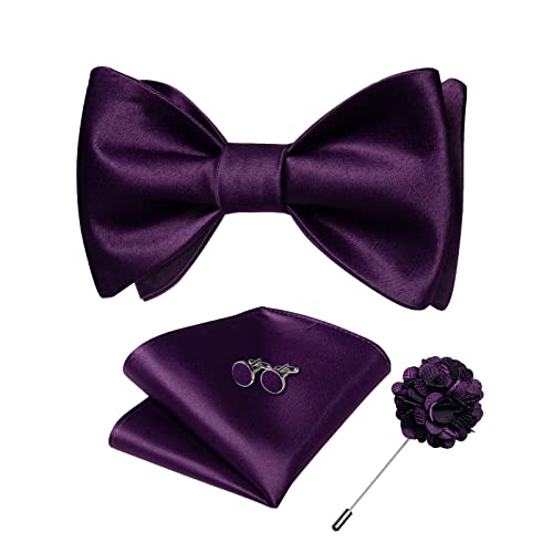 Image of DiBanGu Solid Color Bow Ties for Men Formal Satin Self Tied Bowtie with Lapel Pin Pocket Square Cufflinks for Wedding Party