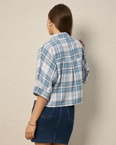Image of Chimpaaanzee Women Checks Half Sleeve Crop Shirt