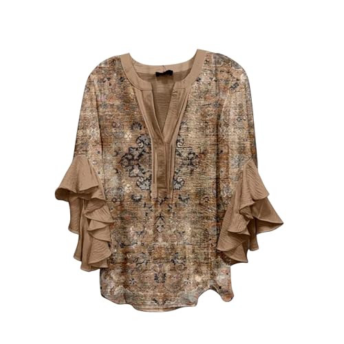 CGGMVCG T-Shirt for Women Floral Print Blouses V Neck Daily Casual Top Womens Short Sleeve Tops (Coffee, XXL)