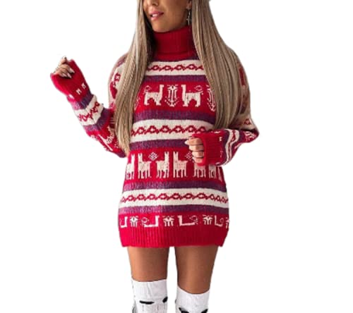 Seyumixi Women Christmas Knit Pullover Sweater Snowflake Reindeer Loose Fit Sweater Top Casual Christmas Jumper Sweatshirt(Qc-red,L)