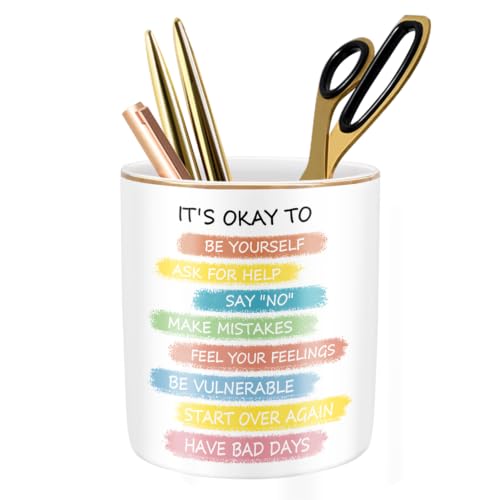 WAVEYU Large Capacity Pen Holder for Desk, Ceramic Pencil Holder Pen Cup Marker Holder Makeup Brush Holders, Desk Accessories & Workspace Organizers for Home, Office, Inspiring Words