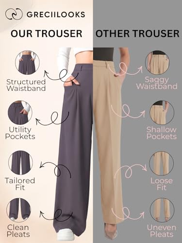 Image of GRECIILOOKS Trousers for Woman | Womens High Rise High Waist Flared Korean Style | Formal Pant for Women Office Wear| Track Pants for Womans Elegant for College & Events (Available in Plus Size)