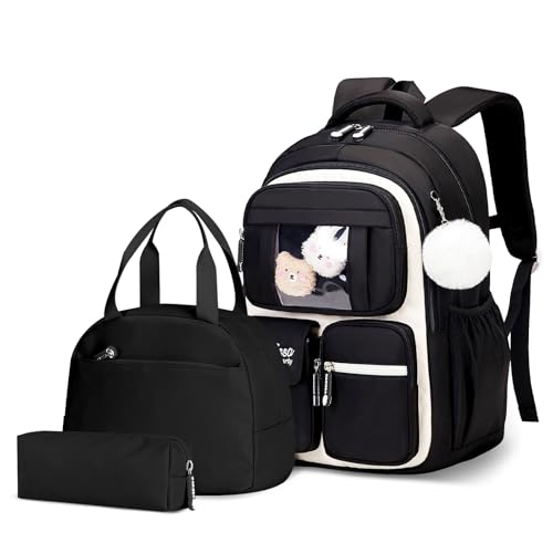 Sac à dos fille soulageant le dos cartable noir avec accessoires