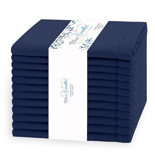 Blue Needles Navy Blue Hemstitch Linen Napkins Set of 12-100% Cotton Cloth Dinner Napkins 18x18 inches, Soft, Reusable, Absorbent, Washable Ideal for Spring Summer Easter Parties & Everyday Use