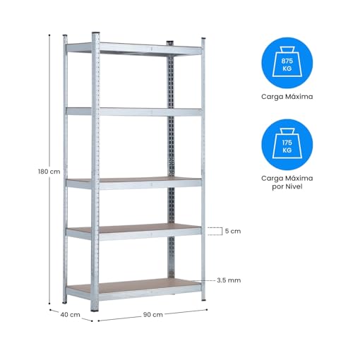 THINIA HOME - Estantería Modular Almacenaje (Pack 2), Acero y MDF Antihumedad, Hogar, Trastero, Garaje, 5 Baldas Ajustables, Carga Máxima 875Kg, 90x40x180cm (Largo x Ancho x Alto) - imagen 6