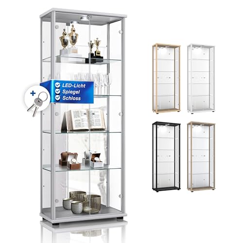 K-Möbel Glas Vitrinenschrank 2-türig (176x67x33cm) - Made in Germany - Standvitrine Silber/Alu mit...