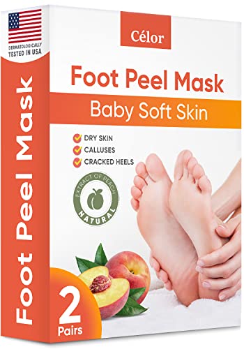 Foot Peel Mask Peach (2 Pairs) - Foot Mask for Dry Cracked Feet and Remove Dead Skin - Foot Exfoliator with Aloe Vera Gel and Natural Peach Extract for Men and Women Feet Peeling Mask - Foot Mask Peel