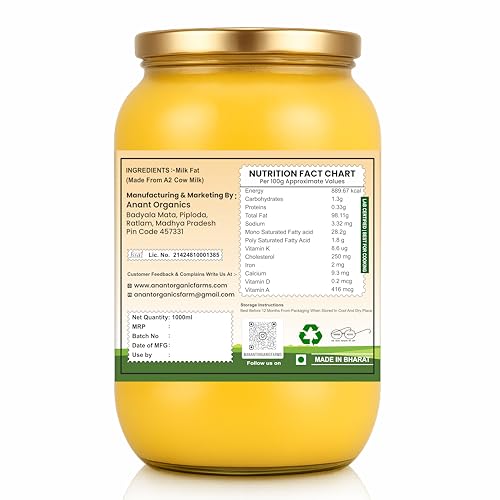 Image of Anant Organics A2 Desi Cow Ghee | Vedic Bilona Method 100% Pure & Natural Ghee Glass Bottle (1000ml)