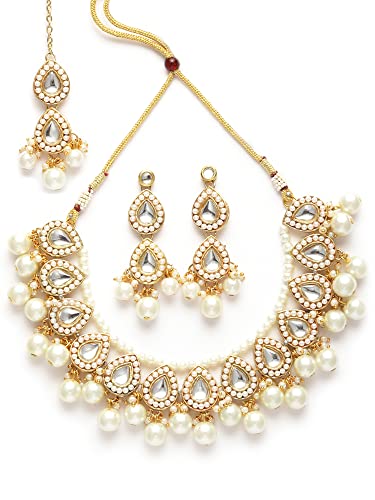 Image of Karatcart Gold Plated Pearl and Drop Kundan Studded Choker Necklace Setfor Women