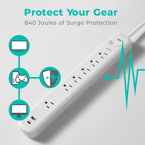 KMC Protector eléctrico de 6 tomas con puerto USB-A y USB-C, cable de extensión de 1.83 m, protección contra sobretensiones 840J, blanco miniatura 5