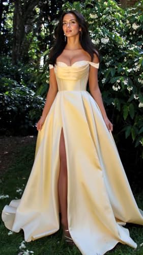 Satin Prom Dress for Women Off The Shoulder Formal Evening Dresses with Slit Sweetheart Ball Gown AD0854