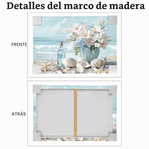 Miniatura 5 de Marco De Madera Cuadros Moderno Océano Azul Paisaje Costero Cuadros Decorativos Lienzo Pintura Flor De Hortensias En Florero Imagen Cuadro Decoracion Salon Baño Dormitorio Sala De Estudio 30x40cm
