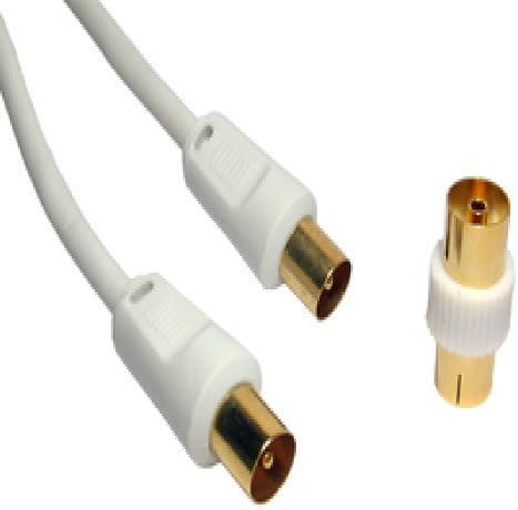 5m TV Aerial Cable Gold Plated Coax Cable Male to Male Ariel Cable Digital TV Fly lead with RF Plug Adapter Connector Coupler White TV Antenna AV Lead For FreeView Sky box Satellite Lead