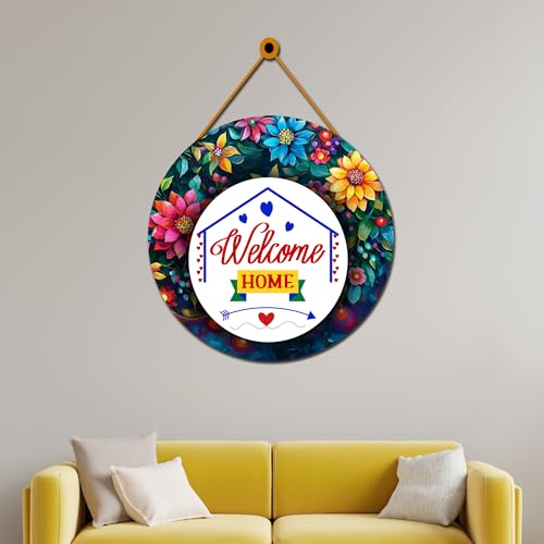 Image of GENXTRA Welcome Home Wall Hanging - Floral Round Wooden Door Sign for Entrance, Living Room & Home Decor