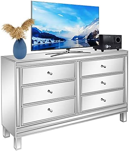 BNSPLY Mirrored Finish Glass TV Stand with 6 Drawers, Entertainment Center for TVs up to 55 Inchs, Media Console Cabinet for Living Room, Bed Room (Silver, 53.5" W x 14.2" D x 30.7" H)