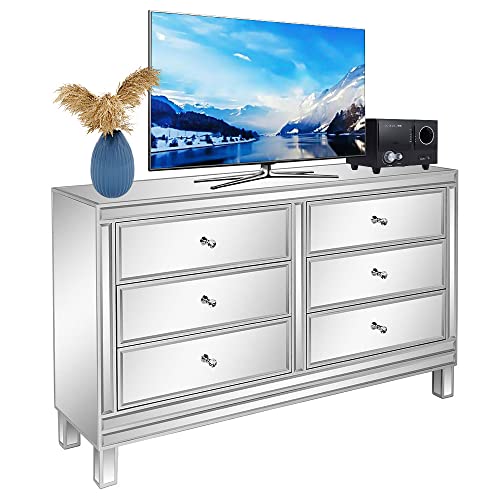 Bnsply Mirrored Finish Glass Tv Stand With 6 Drawers, Entertainment Center For Tvs Up To 55 Inchs, Media Console Cabinet For Living Room, Bed Room (Silver, 53.5" W X 14.2" D X 30.7" H) #TOP10