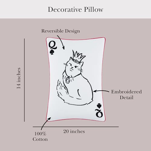Image of kate spade new york Queen of Spades Reversible Decorative Pillow, 14 inch x 20 inch Throw Pillow for Bed or Sofa, Cotton Cover, Black, White, Pink and Red