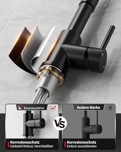 Rainsworth Wasserhahn Küche Schwarz Edelstahl - Zwei Wasserstrahlarten Hochdruck Herausziehbare Küchenarmatur mit Brause Ausziehbar, Spültischarmatur 360° Drehung Geeignet für Küchen